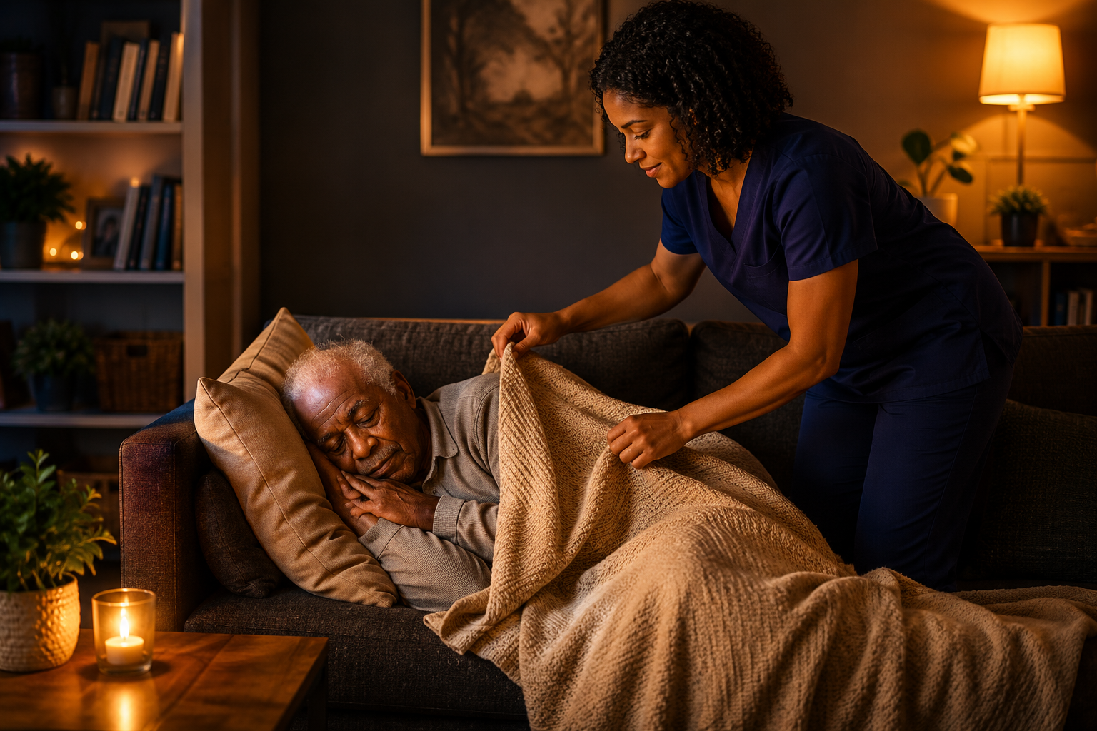 Senior safely resting with overnight caregiver present in Arizona home